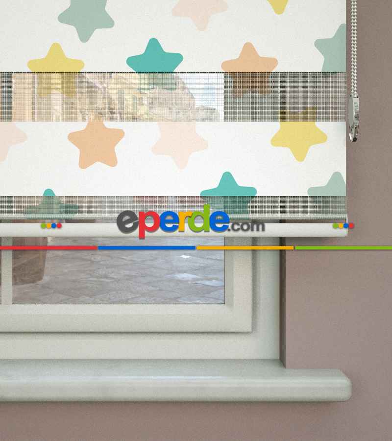 Yıldız Desenli Baskılı Zebra Perde- Çok Renkli