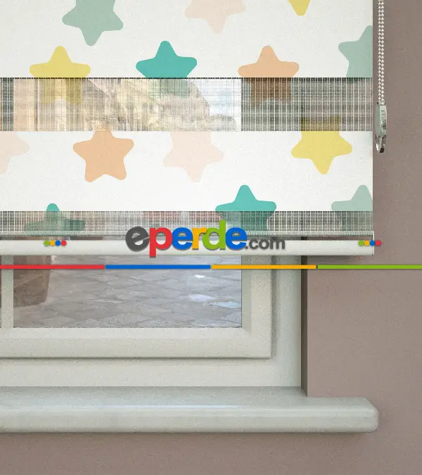 Yıldız Desenli Baskılı Zebra Perde- Çok Renkli