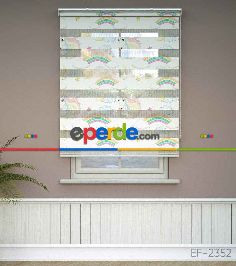 Unicorn Desenli Baskılı Zebra Perde- Çok Renkli