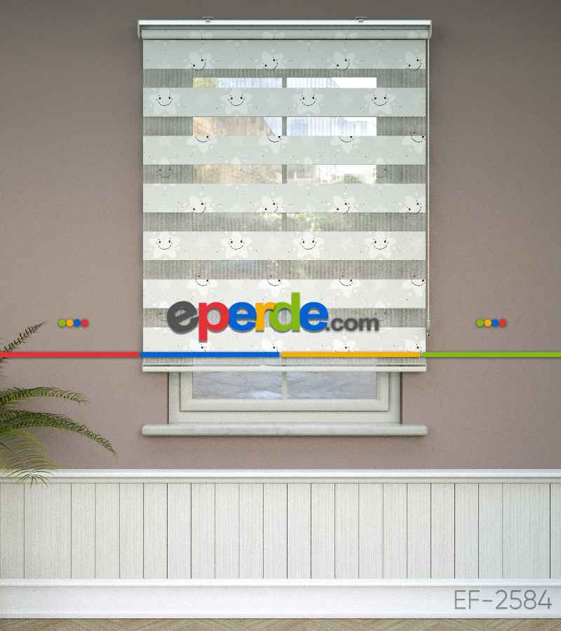 Çocuk Odası - Yıldız Desenli Baskılı Zebra Perde- Çok Renkli Zemin Lila