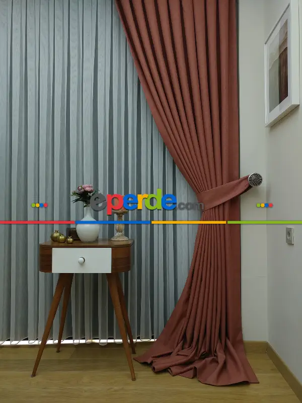 Yatak Odası - Keten Açık Kiremit Renk Düz Fon Perde- Kiremit Rengi