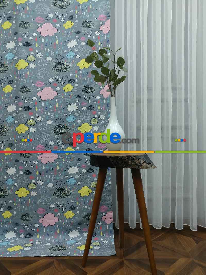 Bulut Ve Damla Desenli Fon Perde Evm680 Kumaşı Kalındır Duck Bezi Değildir- Siyah-Gri-Füme-Antrasit-Sarı