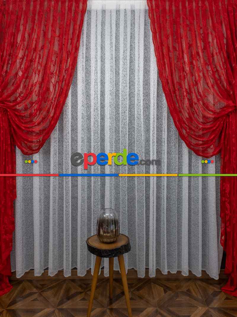 Tül Fon Kırmızı Renk Büzgülü Tasarım Moda Tasarım Fon Perde- Kırmızı 70cm X 1cm 