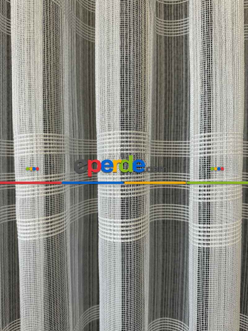 Zincir Çizgili Tül Perde Ekru Renk Kırık Beyaz- Ekru - Kurşunlu Tül