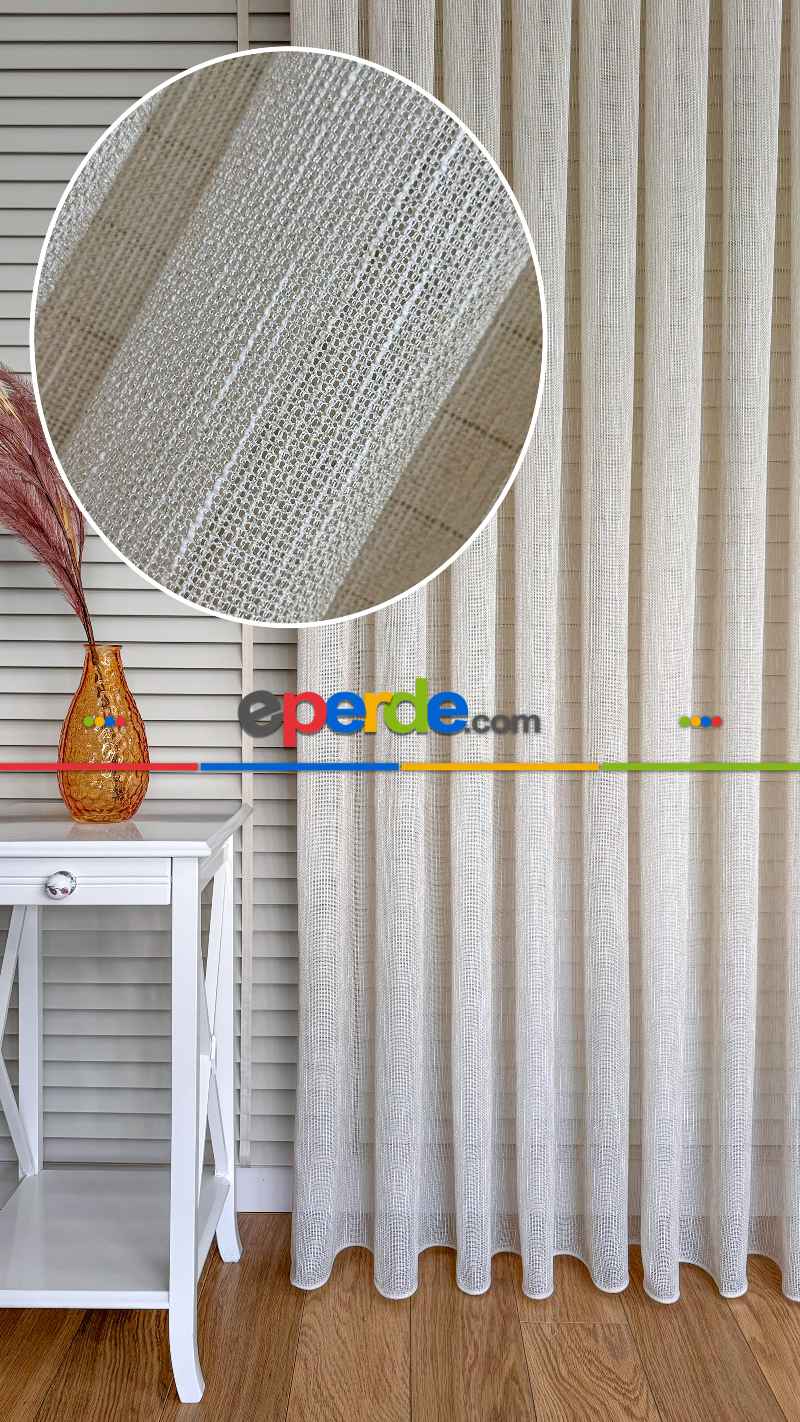Altın Simli Krem Keten Tül Perde - Ağır Gramajlı Premium