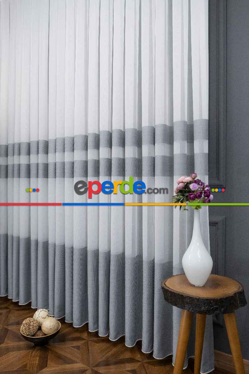 Mutfak Tül - Modern Bantlı Gri Tül - Yüksek Kalite Tül - Enine Çizgili