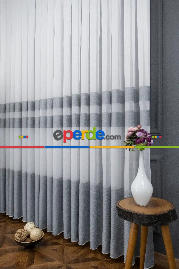 Salon Tül Perde - Modern Bantlı Gri Tül - Yüksek Kalite Tül - Enine Çizgili