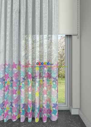 Hazır Ölçülü Çocuk Odası Tül - Pembe Sarı Yıldız Desenli Keten Zemin Baskılı Tül Perde