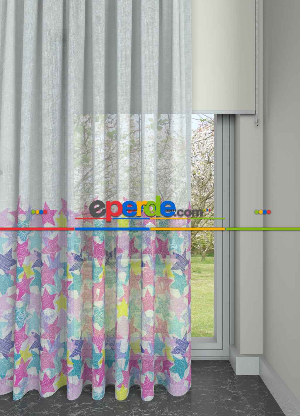 Hazır Ölçülü Çocuk Odası Tül - Pembe Sarı Yıldız Desenli Keten Zemin Baskılı Tül Perde