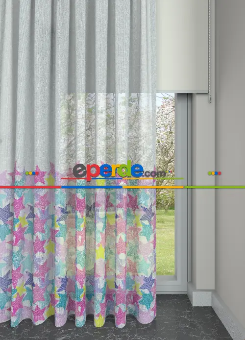 Hazır Ölçülü Çocuk Odası Tül - Pembe Sarı Yıldız Desenli Keten Zemin Baskılı Tül Perde 230cm X 250cm 
