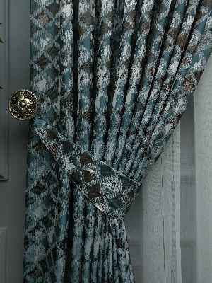 Turkuaz Desenli Jakar Fon Perde (180)- Petrol Mavisi