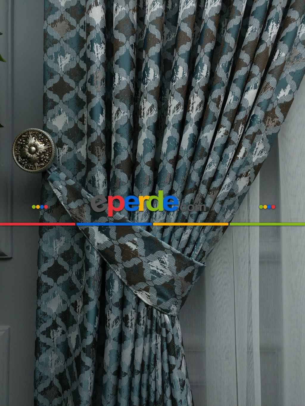 Turkuaz Desenli Jakar Fon Perde (180)- Petrol Mavisi