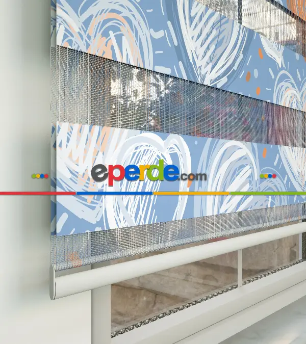 Çocuk Odası Zebra - Kalp Desenli Baskılı Zebra Perde- Çok Renkli