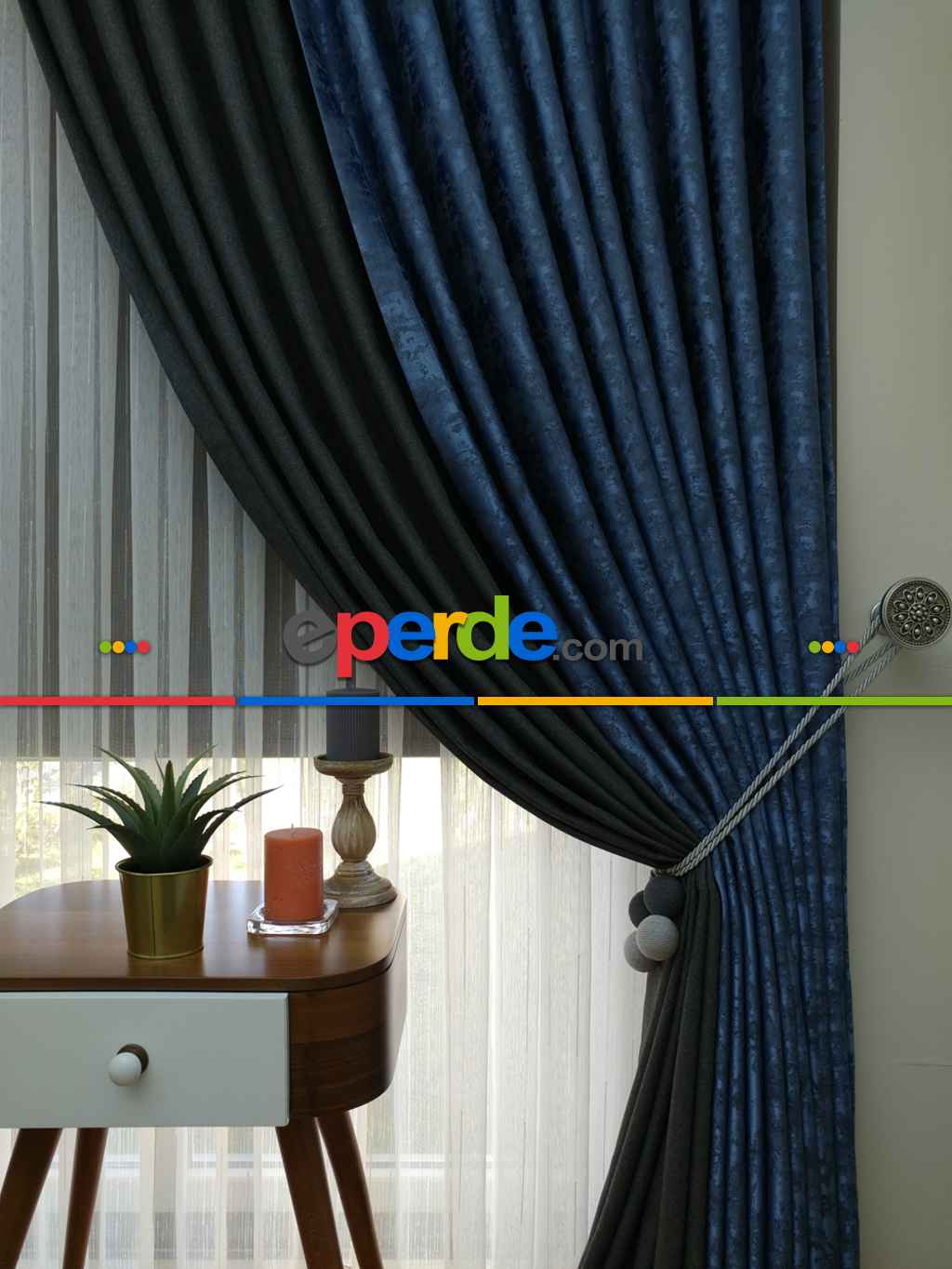 Antrasit Mavi Renk Kombinli Desenli Fon Perde- Mavi-antrasit