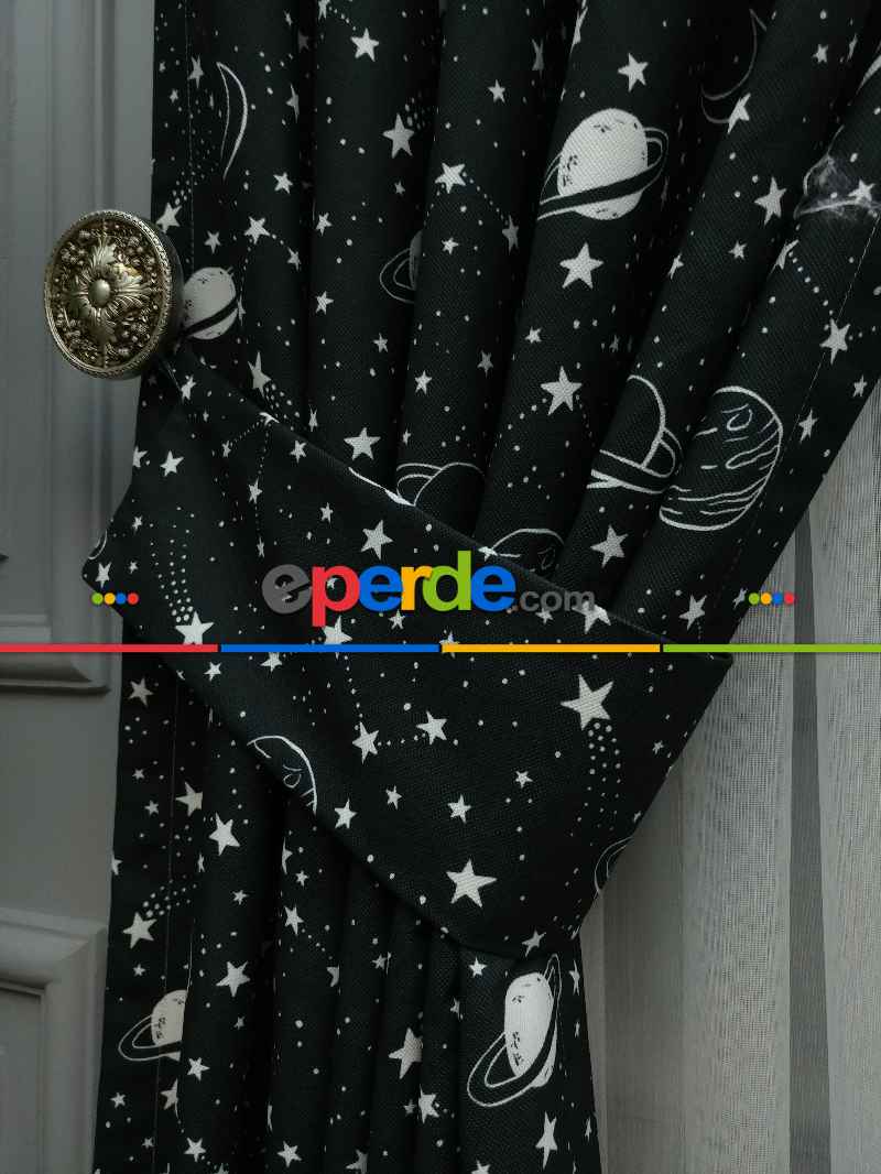 Uzay Gezegen Desenli Fon Perde Evm667 Kumaşı Kalındır Duck Bezi Değildir- Siyah-Beyaz