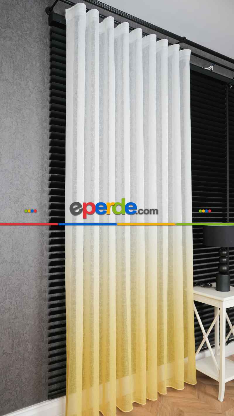 Keten Ekru Sarı Degrade Geçişli Tül Perde, Ağır Gramajlı Premium Seri, Eteği Kurşunlu