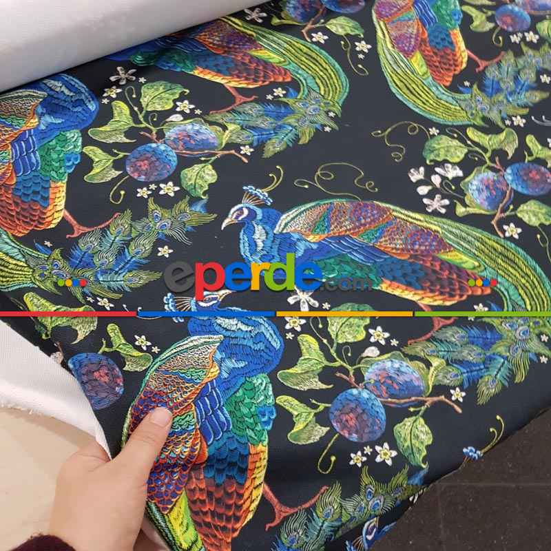 Tavuskuşu Desenli Fon Perde Evm315 -t - Kumaşı Kalındır Duck Bezi Değildir.- Siyah-Yeşil-Mavi-Çok Renkli