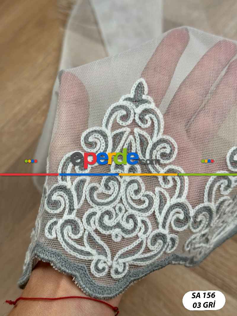 Oturma Odası - Etek Ucu Damask Nakışlı Düz Tül Perde, Özel Dokuma Premium Seri