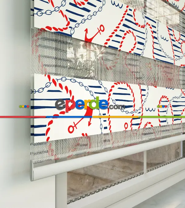 Bebek Odası Zebra Perde - Çapa Ve Zincir Desen Baskılı Zebra Perde- Lacivert-Kırmızı
