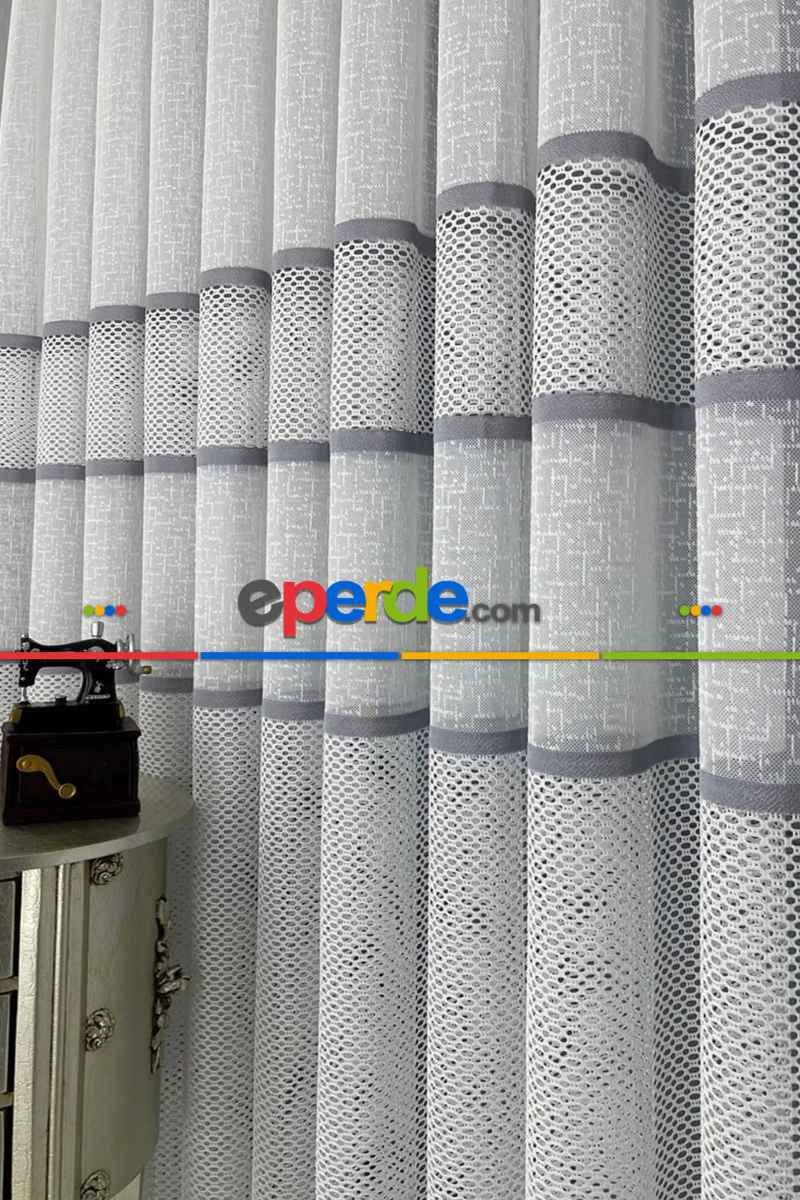 Salon - Aplik Jakar Eteği Bordürlü Tül Perde Tek Kanat - Ekru/gri