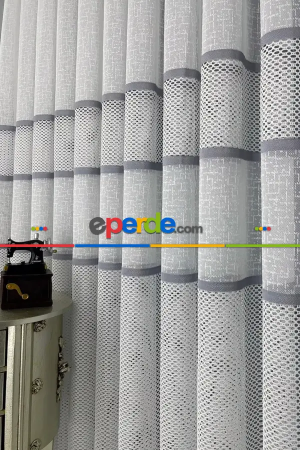 Salon - Aplik Jakar Eteği Bordürlü Tül Perde Tek Kanat - Ekru/gri