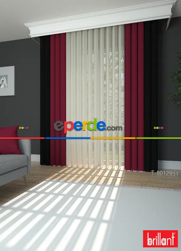 Brillant Akıllı Tül Siyah-kırmızı Perde Tül Dikey Zebra Perde Düz 1. Kalite