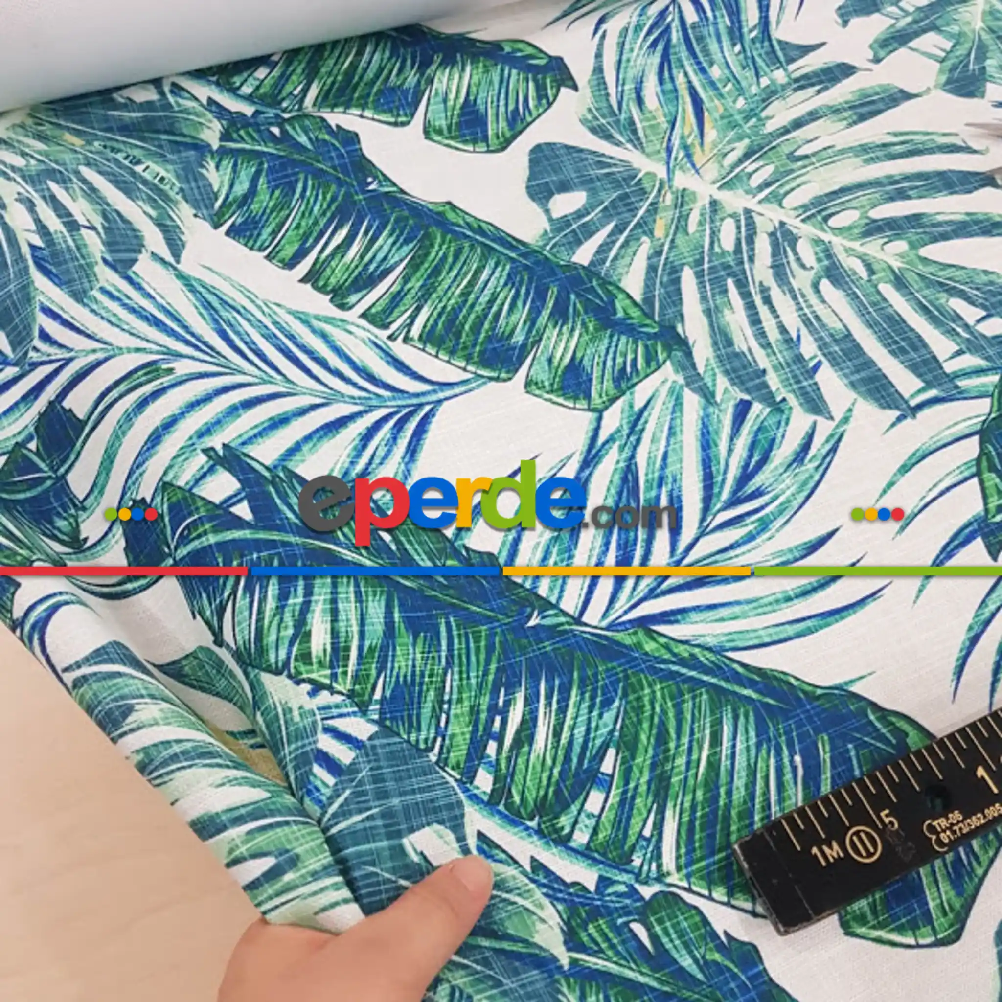 Salon Fon - Tropikal Yaprak Desenli Fon Perde Evm1120 Kumaşı Kalındır Duck Bezi Değildir- Yeşil-Beyaz- Çok Renkli 3