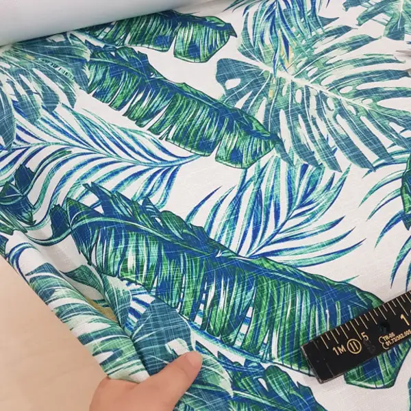 Salon Fon - Tropikal Yaprak Desenli Fon Perde Evm1120 Kumaşı Kalındır Duck Bezi Değildir- Yeşil-Beyaz- Çok Renkli 3