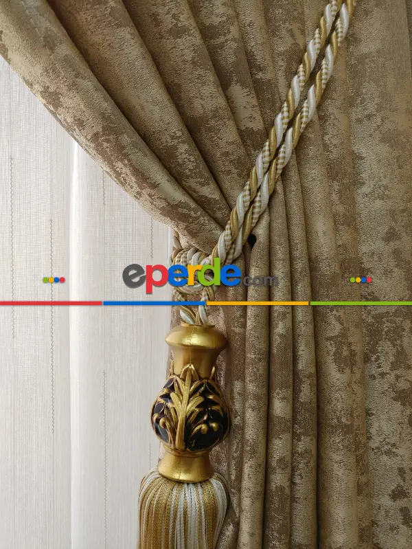 Patinedesenli Sütlü Kahve Renk Jakar Dokuma Fon Perde- Sütlü Kahve