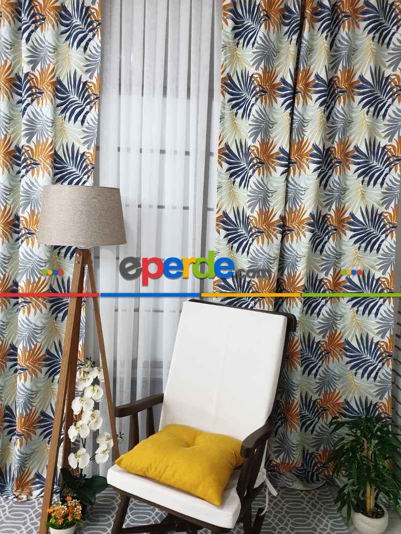 Mutfak Perdesi Kanat Fon Perde Yaprak Desenli- Siyah