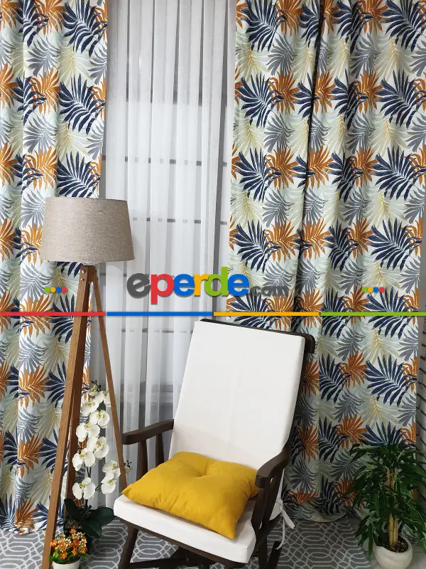 Mutfak Perdesi Kanat Fon Perde Yaprak Desenli- Siyah