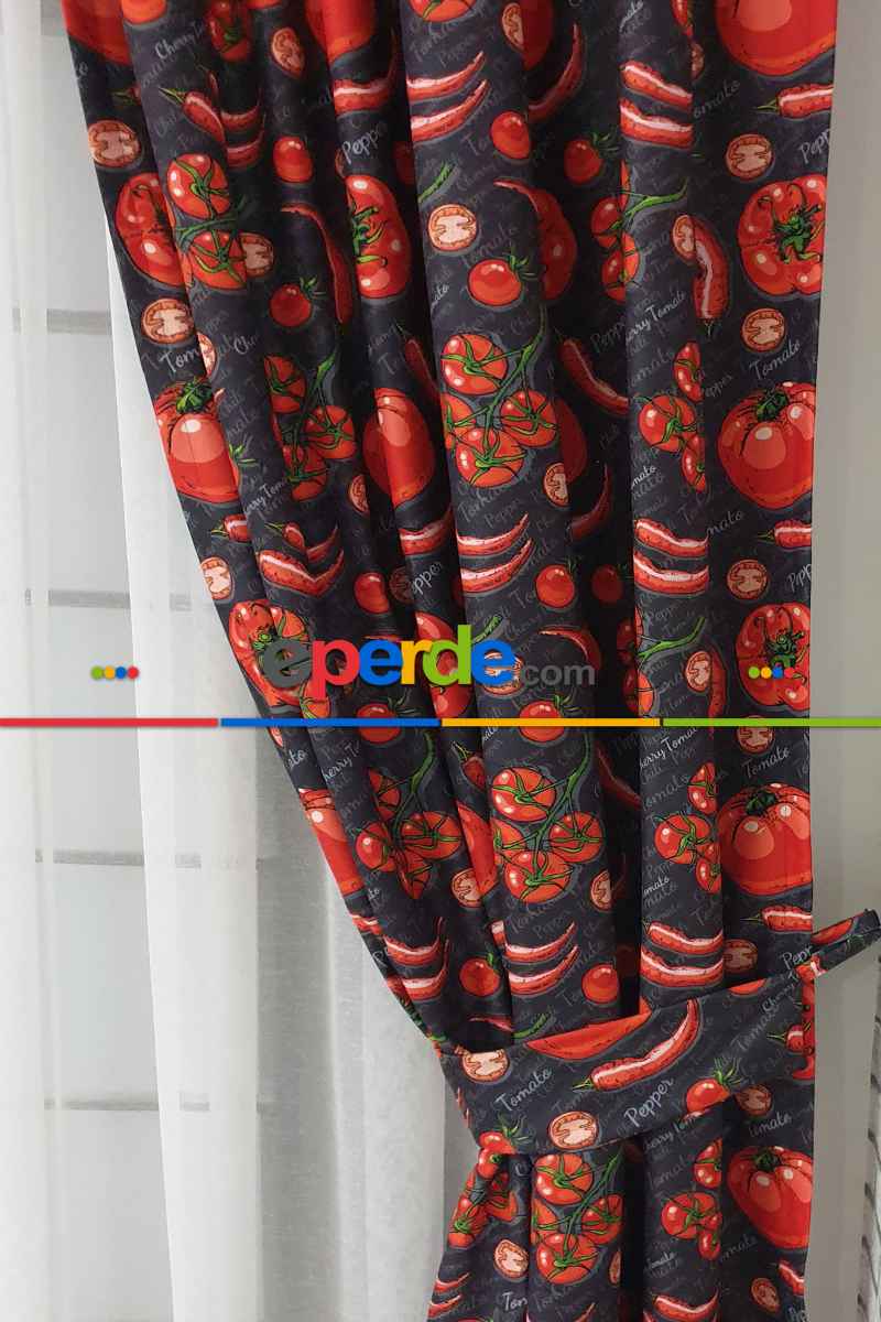 Mutfak Perdesi Kanat Fon Perde Dometes Biber Desenli- Siyah
