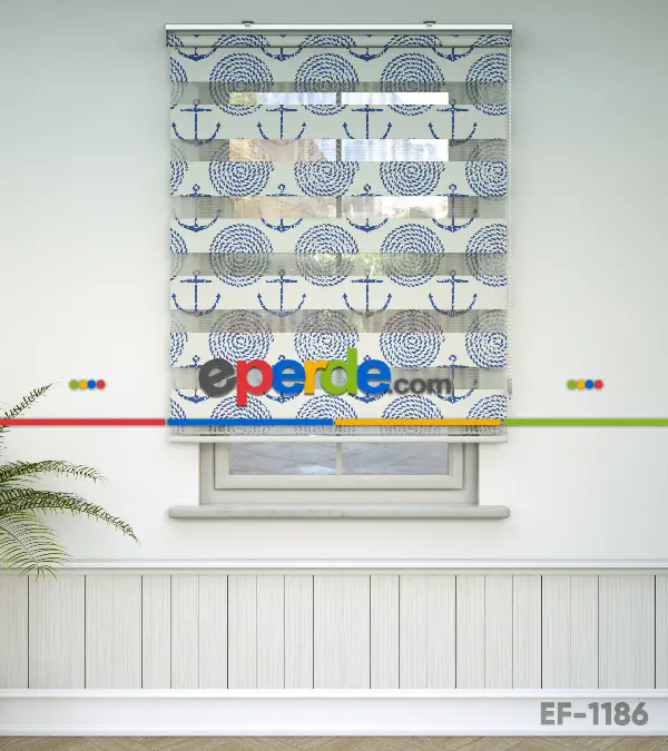 Bebek Odası Zebra Perde - Çapa Baskılı Zebra Perde- Mavi-Beyaz