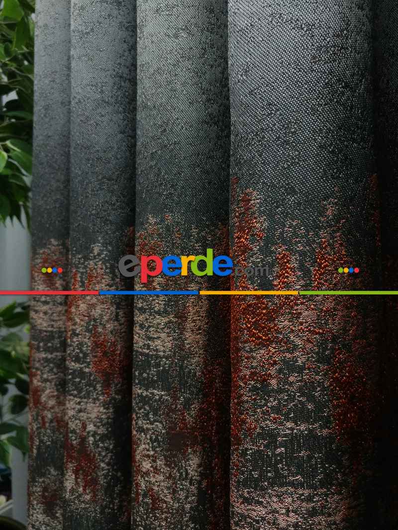 Patinedesenli Antrasit Kremit Jakar Fon Perde (180)- Kiremit Rengi