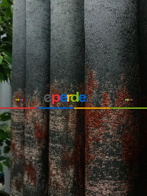 Yatak Odası - PatineDesenli Antrasit Kremit Jakar Fon Perde (180)- Kiremit Rengi