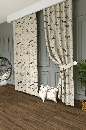 Dökümlü Kumaştan Bebek Odası - Renkli Uçaklar Baskılı Fon Perde- Gri-füme-antrasit-ekru-kahve