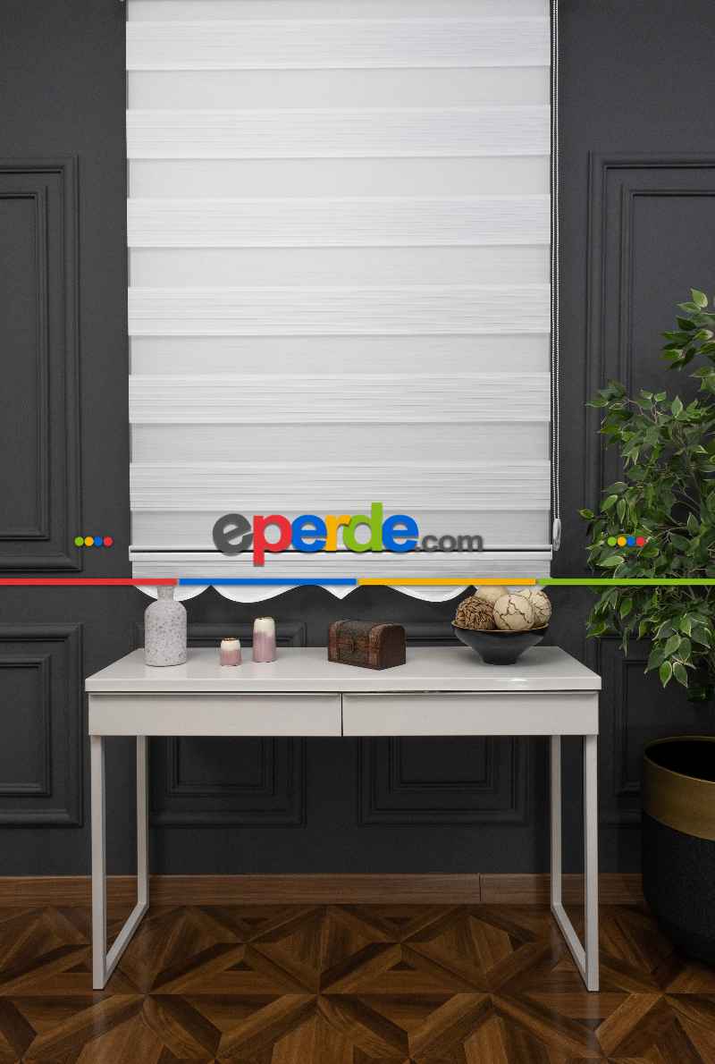 90x200 Hazır Ekru Geniş Plise Zebra Perde