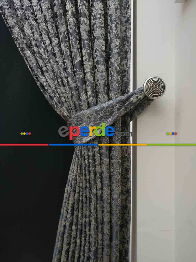 Patine Desenli Krem Antresit Desenli Jakar Fon Perde (180cm En)- Antrasit