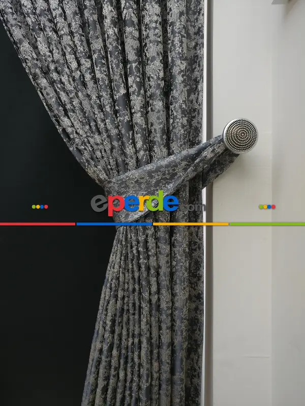 Patine Desenli Krem Antresit Desenli Jakar Fon Perde (180cm En)- Antrasit