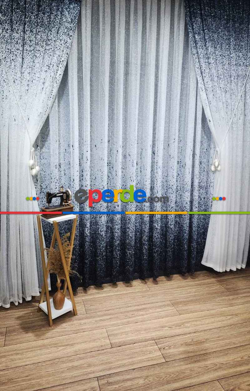 Mutfak - Üsten Dikim Renkli Lacivert Püskürtme Tül Fon Perde