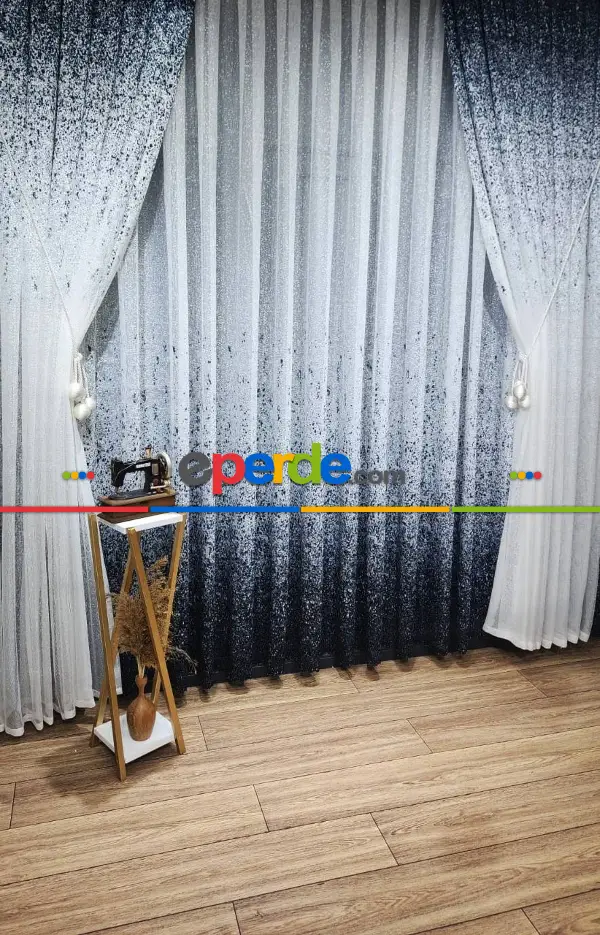 Salon Fon Perde - Üsten Dikim Renkli Lacivert Püskürtme Tül Fon Perde