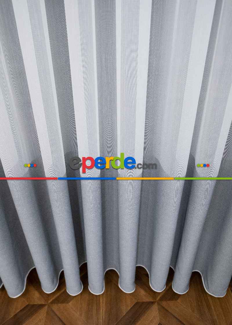 Mutfak Tül - Modern Bantlı Gri Tül - Yüksek Kalite Tül - Enine Çizgili