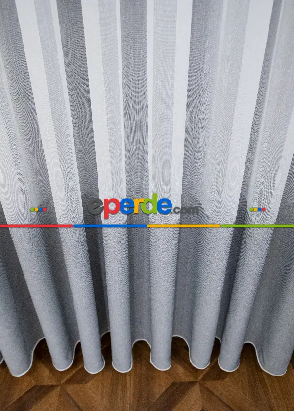 Salon Tül Perde - Modern Bantlı Gri Tül - Yüksek Kalite Tül - Enine Çizgili
