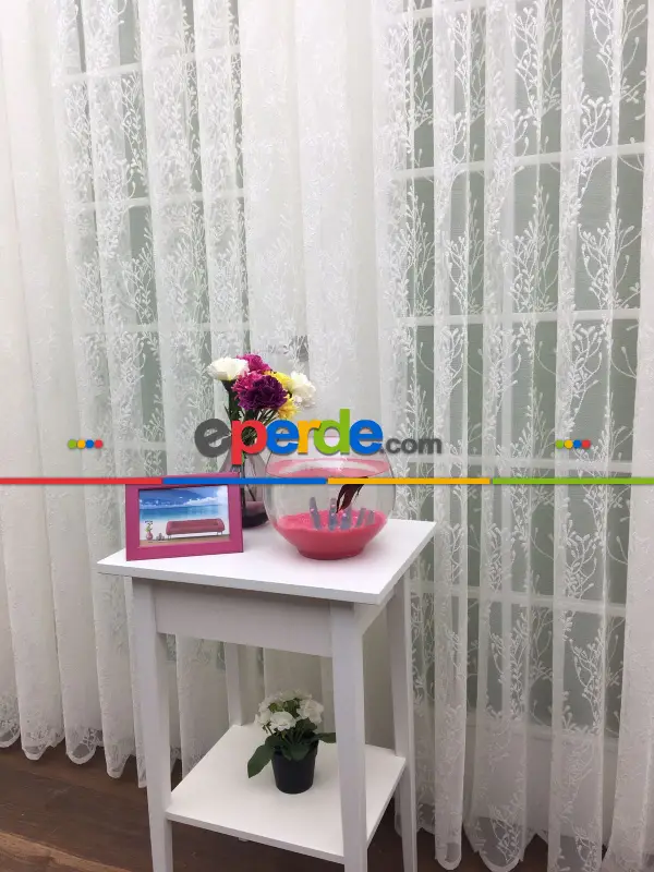 Spor Sarmaşık Desenli Tül Perde - Kruvaze Model Dikiş Seçenekli - Örme Tüldür - Ütü İstemez