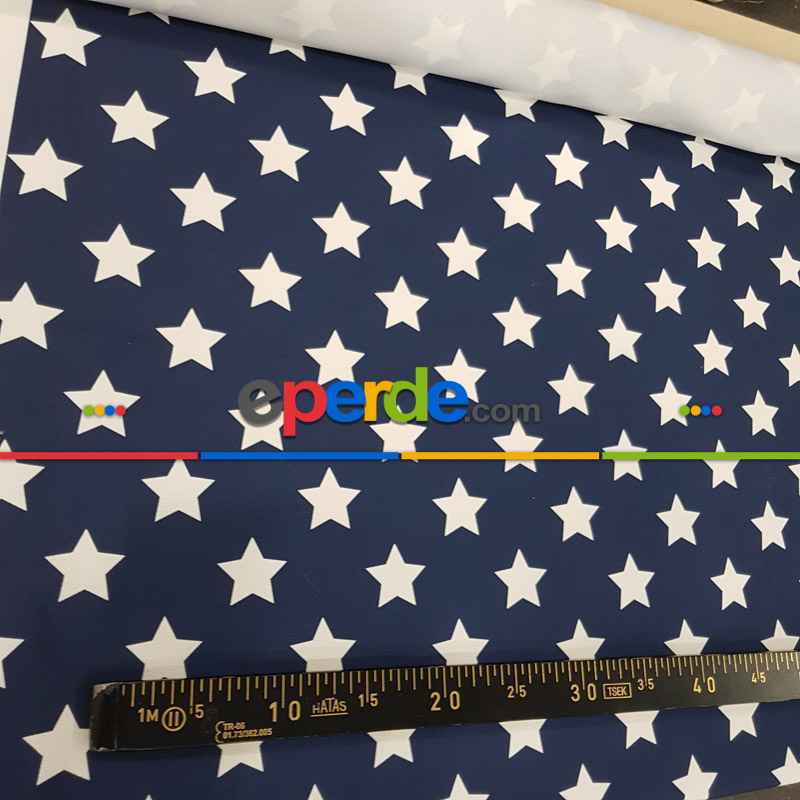 Yıldız Desenli Fon Perde Evm1131 Kumaşı Kalındır Duck Bezi Değildir- Lacivert-Beyaz