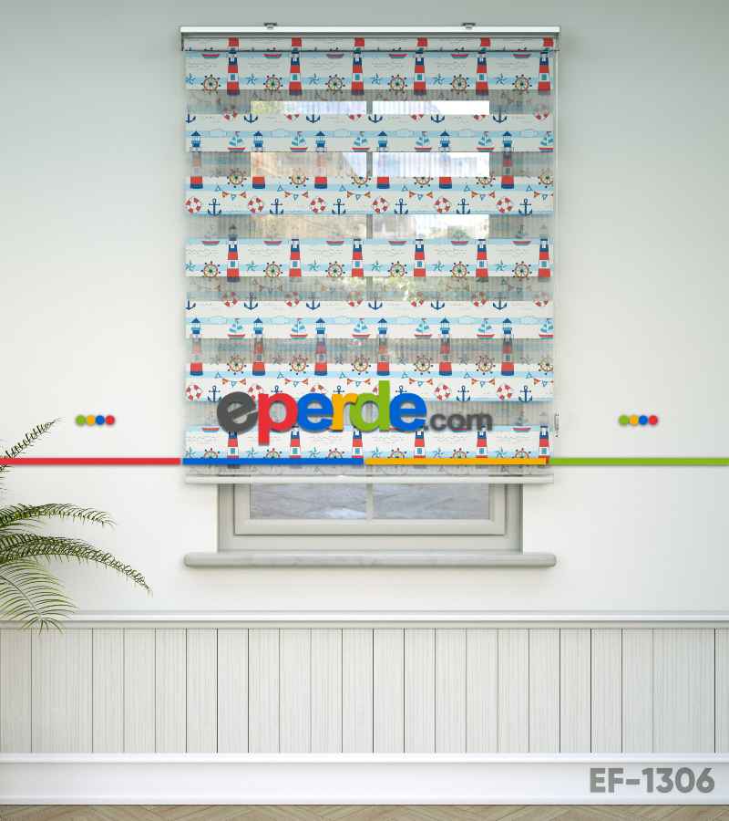 Bebek Odası Zebra Perde - Çapa Baskılı Zebra Perde- Mavi-Kırmızı-Beyaz