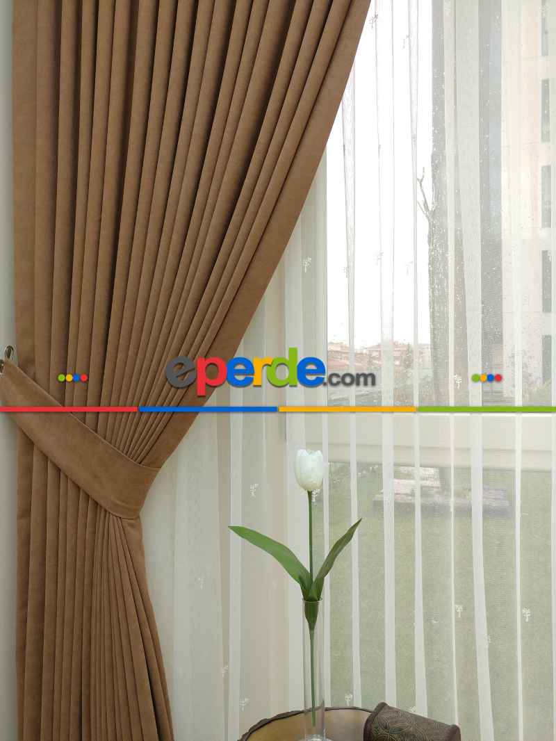 Kakao Rengi - Düz Fon Perde ( Dökümlü Fon Perde)- Kahve Açık