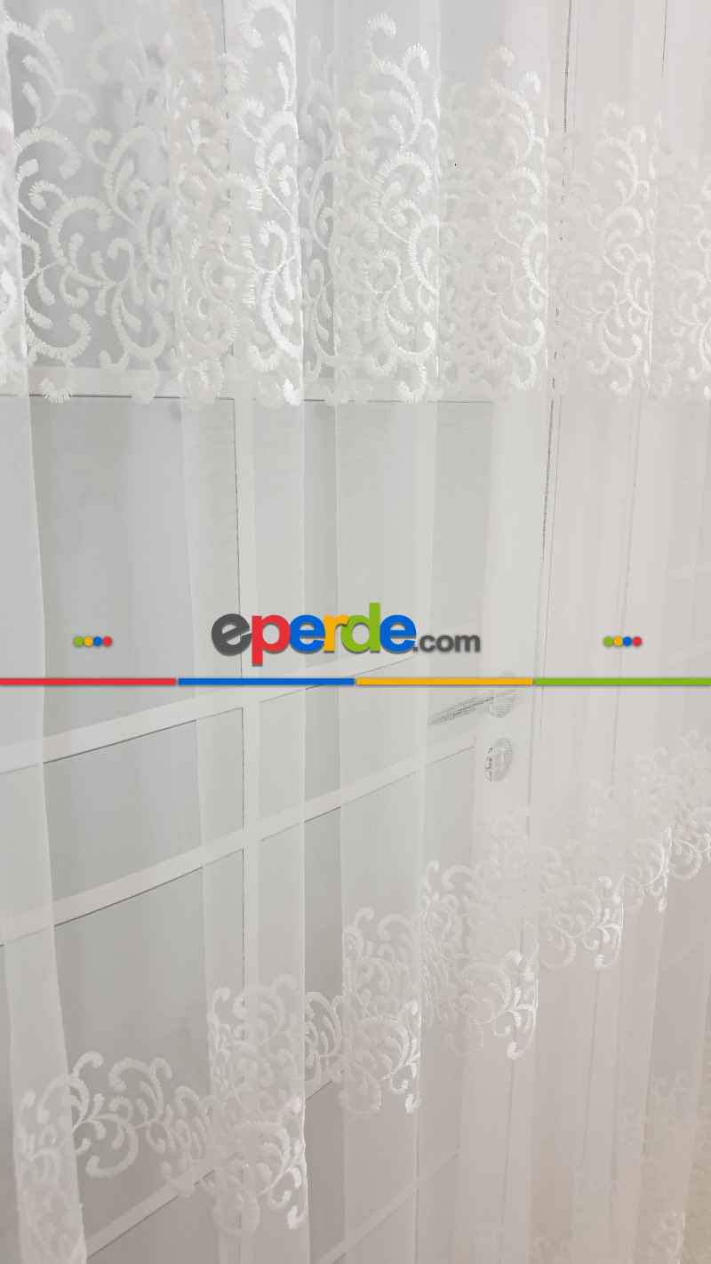 Sarmaşık Şal Desenli - Ara Bantlı Desenli Tül Perde - Brode Dokuma