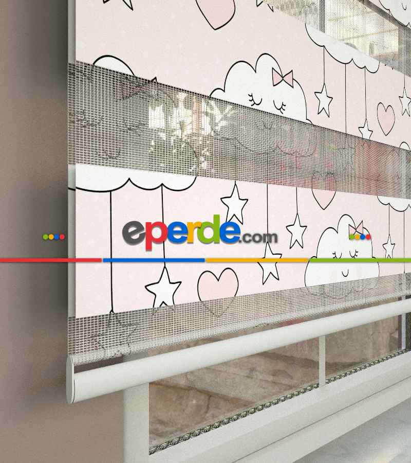 Bulut Desenli Baskılı Zebra Perde- Çok Renkli