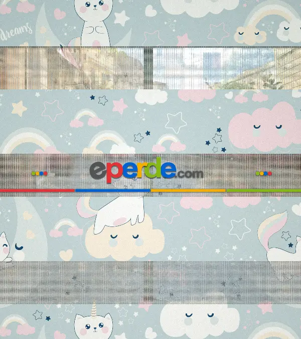 Unicorn Desenli Baskılı Zebra Perde- Çok Renkli